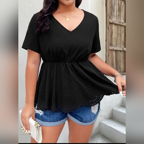 Tops - Plus Laser Cut Out Peplum Blouse Black